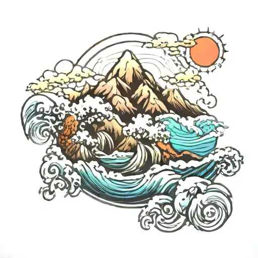 mountain meets ocean waves tattoo design idea