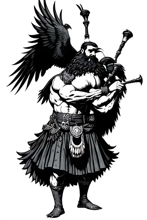 muscular bagpiper bald black beard black huge wings on his back playing the bagpipes flying crow with claws tattoo design idea