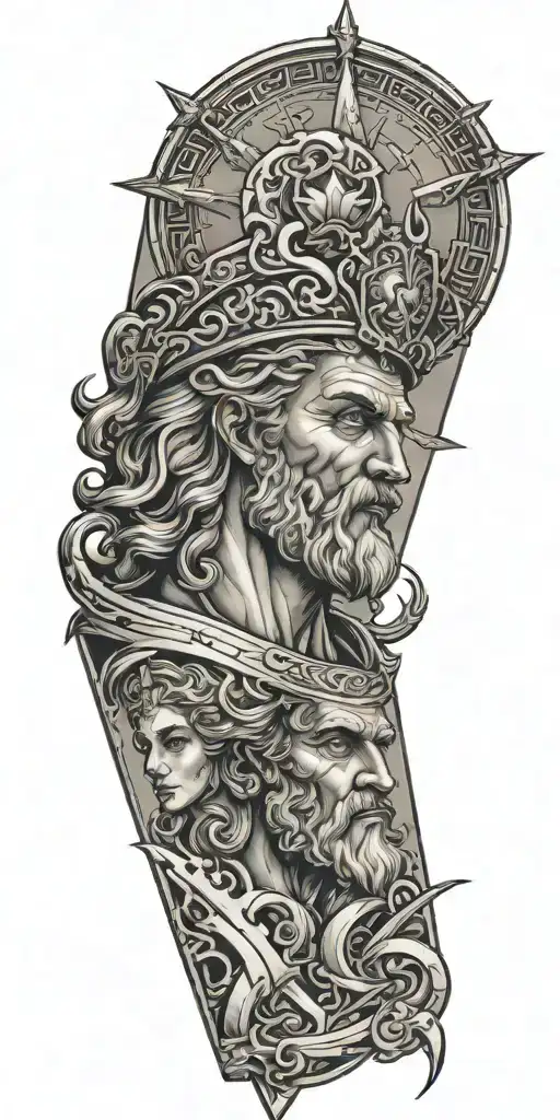 A tattoo design of Zeus holding a lightning bolt, with a sailing ship in the background and a cowboy hat on his head to combine the client's interests tattoo design idea