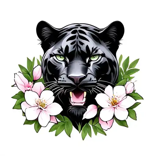 American traditional panther side head with 3 American traditional Japanese cherry blossom flowers around it tattoo design idea