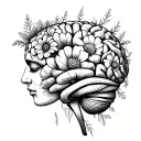 line drawing of a brain with many floral elements can even be made of flowers tattoo design idea