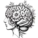 line drawing of a brain with many floral elements can even be made of flowers tattoo design idea