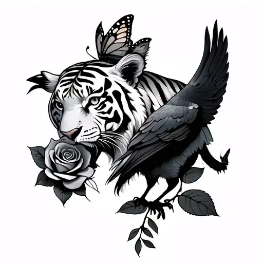 fierce queen tiger wearing a crow with a rose and a butterfly tattoo design idea