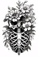 skeleton rib cage with a marigold flower for the heart and snowdrop,  carnation, poppy and cosmos bunch covering left si tattoo design idea