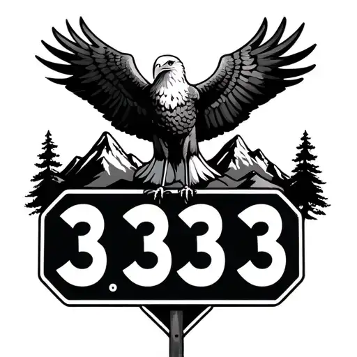 Eagle with 3 tail feathers (shaded/dyed tips) standing on a road sign with 333, and a mountain background (realistic) tattoo design idea