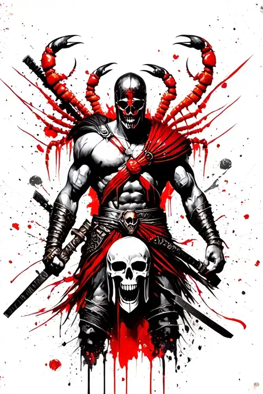 spartan worrior ready for battle surrounded by skulls and scorpions  tattoo design idea