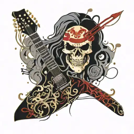 Guitar, Black LTD EC-1000 with gold trim, in the background have the megadeth logo of vic rattlehead, also lamb of gods tattoo design idea