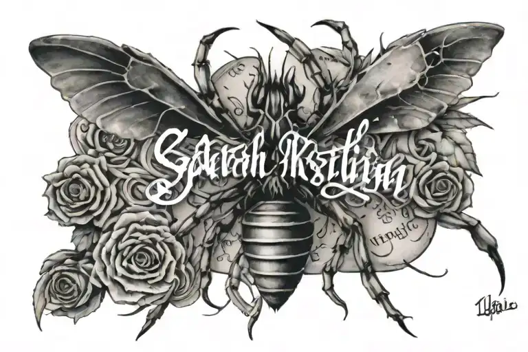 Name "Sarah-Kristin" surrounded by notes and an arachnid tattoo design idea