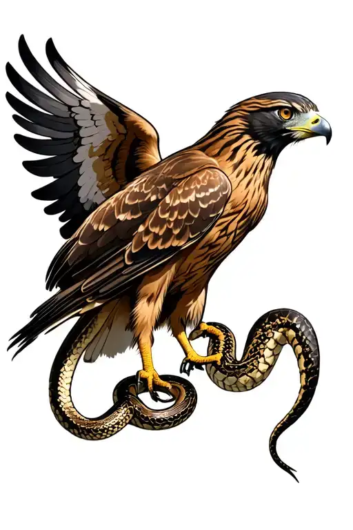 A hawk standing with a snake in it’s talons, however, the snake is coiled around the hawk’s body and wings tattoo design idea