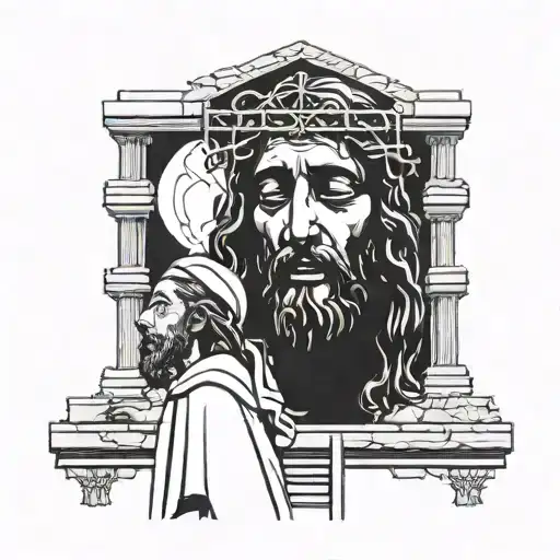 Jesus looking up and crying, and below a person climbing a ladder towards the gate of heaven tattoo design idea
