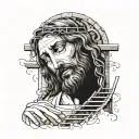 Jesus looking up and crying, and below a person climbing a ladder towards the gate of heaven tattoo design idea