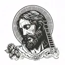Jesus looking up and crying, and below a person climbing a ladder towards the gate of heaven tattoo design idea