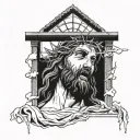 Jesus looking up and crying, and below a person climbing a ladder towards the gate of heaven tattoo design idea