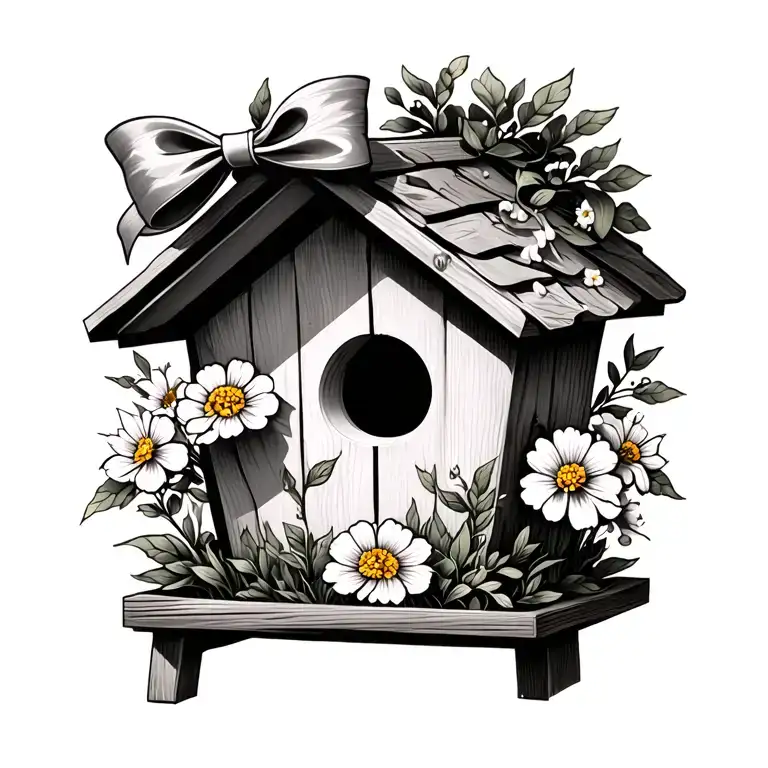 simple birdhouse with honeysuckle and marigolds inside and a simple bow on top  tattoo design idea