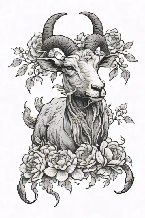 a dead goat from the center of a lotus or a peony, people rotting in various sins around them, cherry blossoms around th tattoo design idea