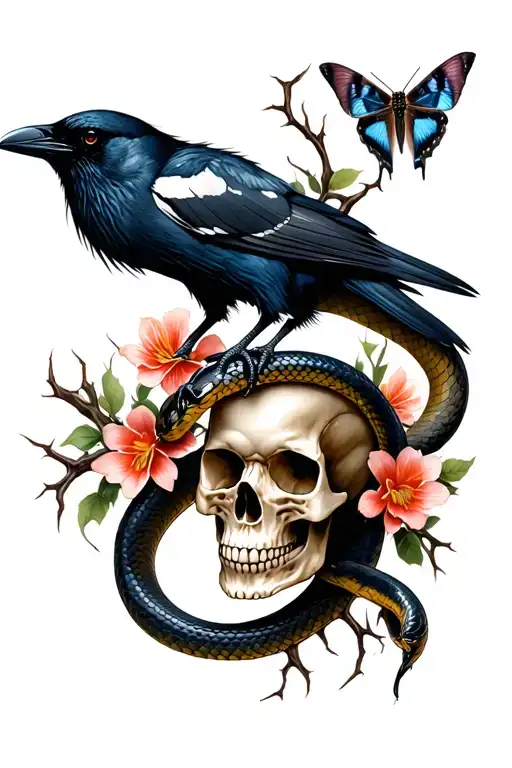 BPD, skull, snake wrapping, thorns, moths, dead flowers, crow tattoo design idea