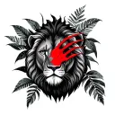 lion with claw Mark across eye in red hidden behind jungle leaves  tattoo design idea