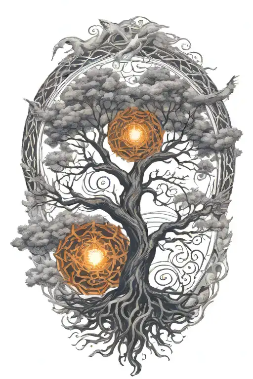 Tree of life, Baldur tattoo in the center, underneath a phoenix rising from the ashes tattoo design idea