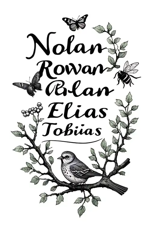 "Nolan Rowan Elias Tobias" Oak tree, Rowan branch, olive branch, oak branch, and weeping willow branch. small owl, sparrow, butterfly, and honeybee tattoo design idea