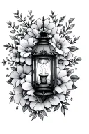 gothic lantern with candle surrounded by flowers tattoo design idea