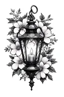 gothic lantern with candle surrounded by flowers tattoo design idea