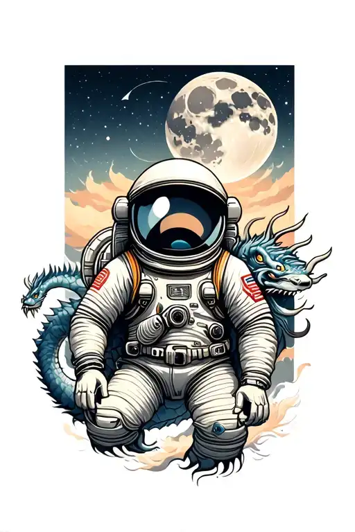 sky is the limit astronaut with moon and starts with a dragon  tattoo design idea