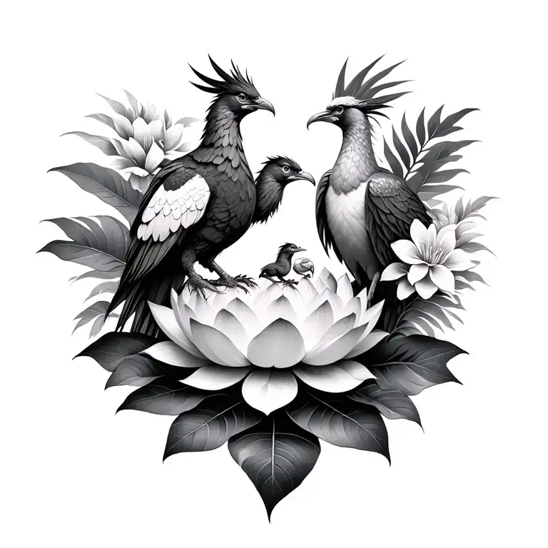 A mama and baby phoenix resting on a lotus encased by tropical leaves and flowers  tattoo design idea