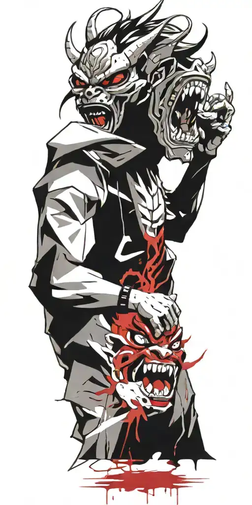 Anime character standing screaming wearing oni mask fighting off inner demons with miminmal black  tattoo design idea