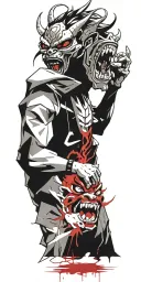Anime character standing screaming wearing oni mask fighting off inner demons with miminmal black  tattoo design idea