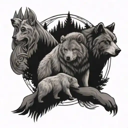 christian cross wolf and bear tattoo design idea