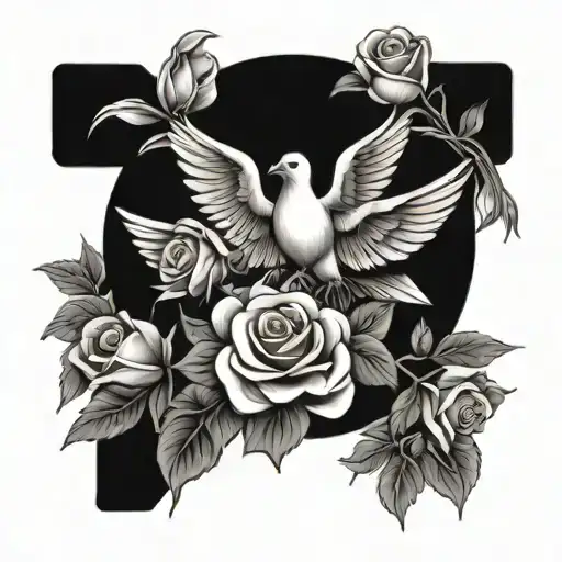cross and roses and doves flying tattoo design idea