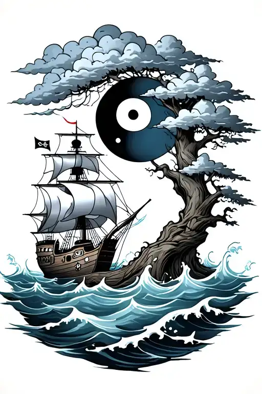 water that goes into yin yang tree then clouds in the below water a pirate ship with a sailing jolly roger sleeve tatto  tattoo design idea