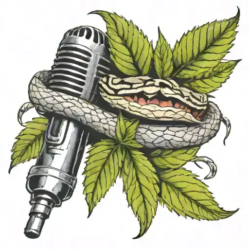 A gaboon viper coiled around a vintage microphone, with cannabis leaves intertwined in the design tattoo design idea
