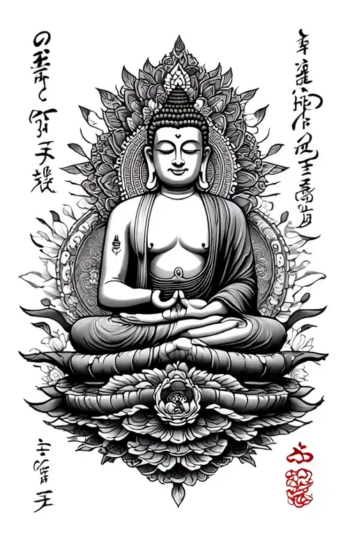 a full sleeve tattoo with a criss-cross buddha at the top, the buddhist mantra "om mani padme hum" below that, and a lot tattoo design idea