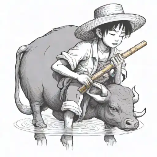 straw hat child farmer playing bamboo flute siting on water buffalo tattoo design idea