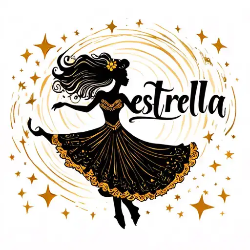 "estrella" A flamenco dancer silhouette surrounded by swirling stars tattoo design idea
