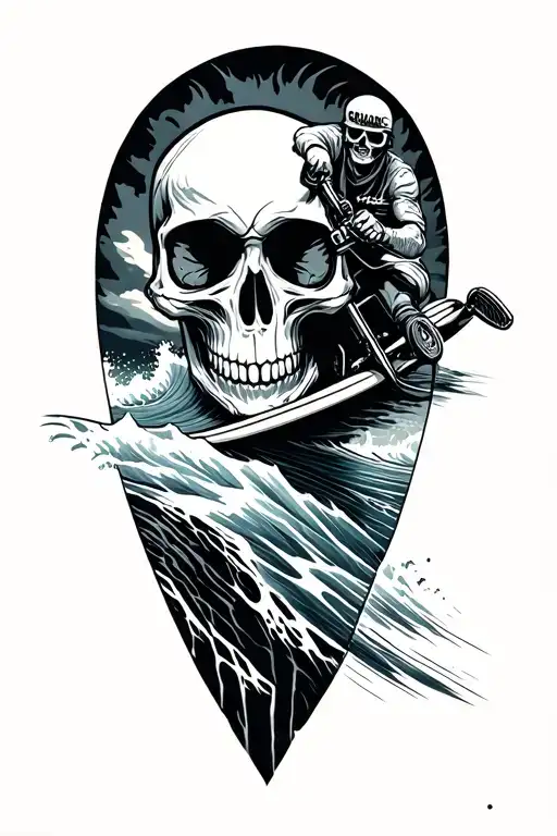 skull, surfer riding a wave, motorcycle tattoo design idea