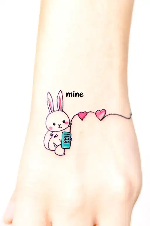 couple tattoo on the wrist with cute bunny using tin phone, and the wire make a heart shape. on top word 'mine' tattoo design idea