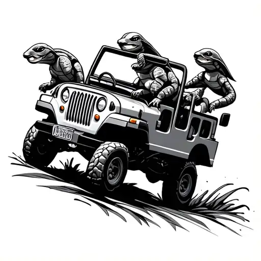 small turtles driving in two door jeep tattoo design idea