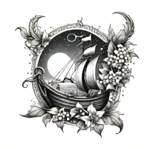 A mystical Viking ship sailing through a sea of lilies of the valley, under a full moon tattoo design idea