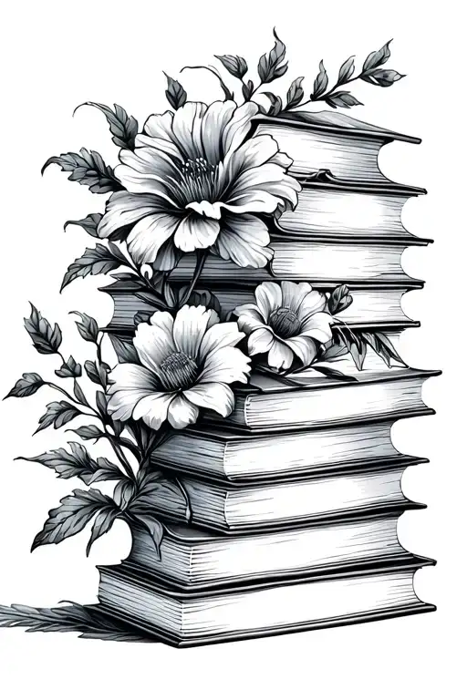 stack of books spines out with flowers tattoo design idea