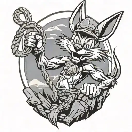 friendly Wile-e-Coyote in mayan rock art representation pulling two ropes together no background  tattoo design idea