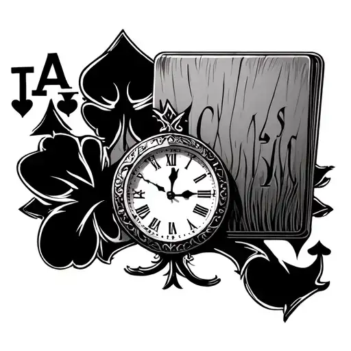 Louisiana swamp theme royal flush poker hand with clock face with the time on 12:53pm subtley integrated.  tattoo design idea