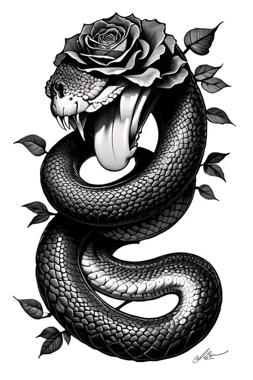 Coiled snake with tongue made of roses tattoo design idea