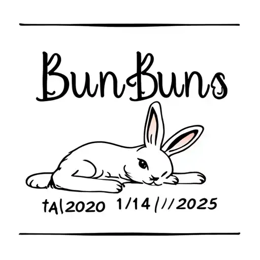 "BunBuns" memory tattoo of small white and black lionhead rabbit lounging with the date 11/14/2025 in Roman numerals  tattoo design idea