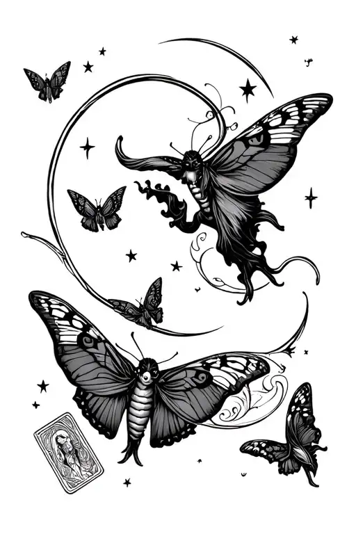 witchy style tattoo with moon, moths flying, stars, tarot cards  tattoo design idea
