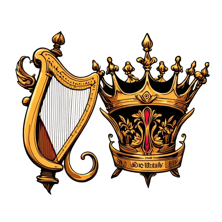 harp with crown hanging tattoo design idea