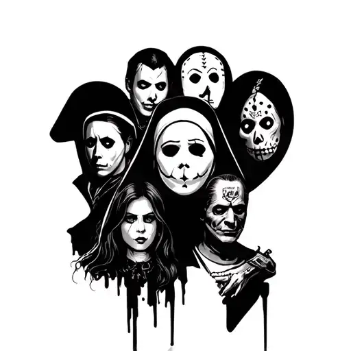create me a lower leg tattoo sleeve with Michael myers, Candyman, Annabelle, the nun, freddy, jason, chucky, and jigsaw  tattoo design idea