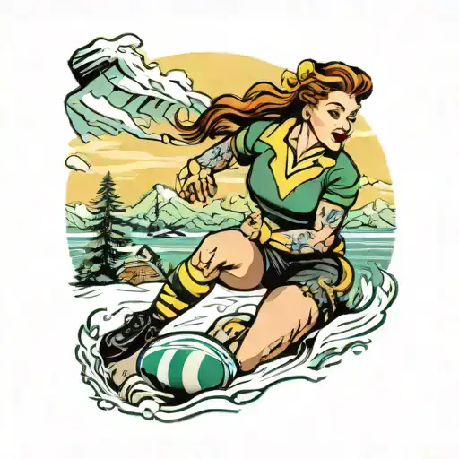 a pin up girl playing rugby wearing a black, green and yellow uniform in a winter landscape by a bay tattoo design idea