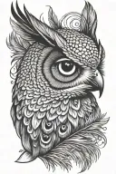 Owl head and peacock feather tattoo design idea